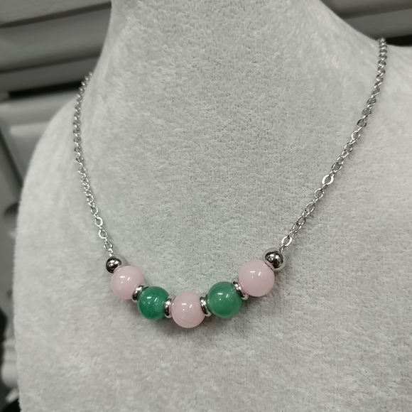 Rose Quartz Aventurine Beaded Necklace Natural Gemstone Crystal Stainless-Steel - Picture 8 of 14